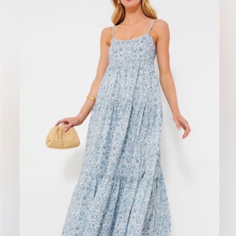 Blue and White Smocked Tiered Maxi Sundress